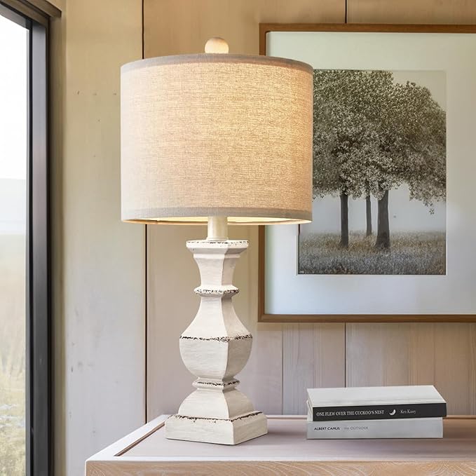 PoKat 20.5" Farmhouse Table Lamp, Vintage Bedside Lamps for Bedroom, Rustic Small End Table Lamps for Living Room, Traditional Nightstand Desk Lamps Distressed Washed White, Suitable for Small Place