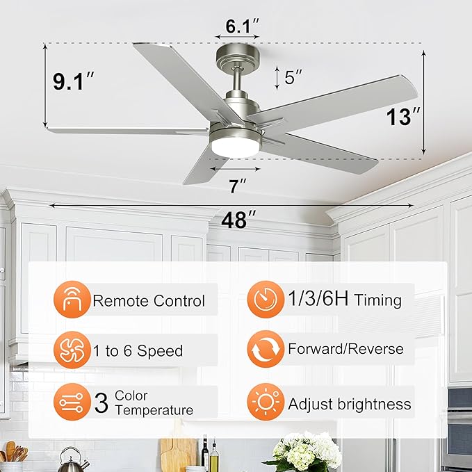 YUHAO 48 Inch Brushed Nickel Ceiling Fan with Light and Remote Control.Noiseless,Dimmable, 3CCT,6 Speeds Reversible, Modern DC Ceiling Fans for Indoor Use