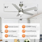 YUHAO 48 Inch Brushed Nickel Ceiling Fan with Light and Remote Control.Noiseless,Dimmable, 3CCT,6 Speeds Reversible, Modern DC Ceiling Fans for Indoor Use