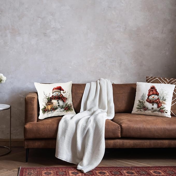 JINYO Vintage Red Plaid Christmas Snowman Pillow Covers 18x18 Set of 2, Snowman Christmas Decor, Rustic Winter Red Berries Pine Cone Botanical Throw Pillow Covers for Couch Living Room Bedroom