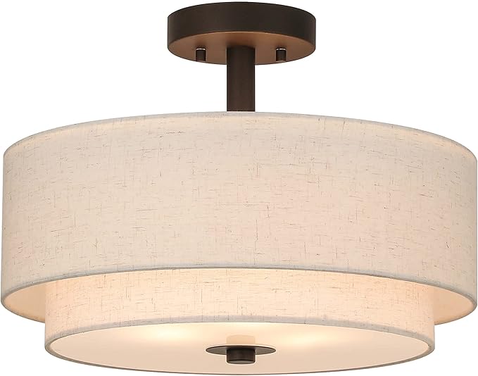 XiNBEi Lighting Drum Semi Flush Light, 3 Light Semi Flush Mount Ceiling Light Fixture with Fabric Shade Modern Close to Ceiling Light for Bedroom & Living Room Dark Bronze Finish XB-SF1289-DB