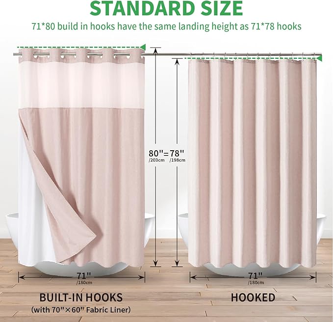 Long No Hooks Needed Linen Textured Shower Curtain with Snap-in Fabric Liner Set,Blush Hotel Luxury Decor Shower Curtains for Bathroom,Waterproof & Washable,71Wx80H