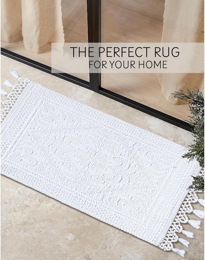 Savi Home Cotton Woven Jacquard Bathroom Rug, 17"x30" Non-Slip Bath Mat with Woven Fringe, 100% Cotton, Durable and Absorbent, White