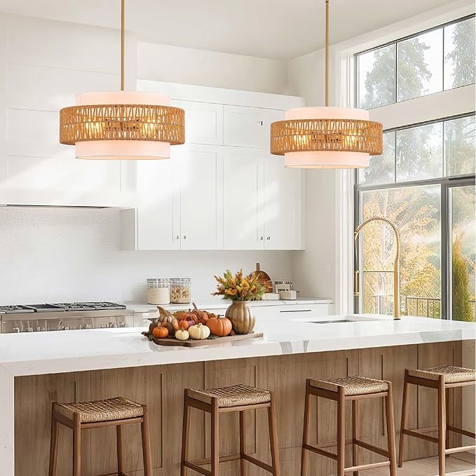 19.7" Rattan Chandelier with Linen Vintage Farmhouse Boho Hand Woven Bamboo Chandelier Light Fixture Modern Drum Wicker Rattan Gold Chandeliers for Dining Room, Kitchen, Living Room,Foyer