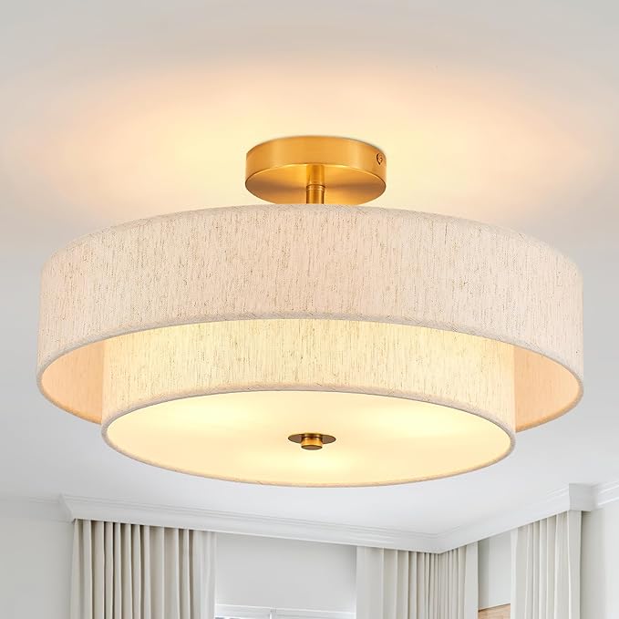 Modern Semi Flush Mount Ceiling Light 18" Modern Gold 3-Lights Drum Ceiling Lighting Fixture Vintage Linen Golden Ceiling Lamp for Laundry Room, Kitchen, Basement, Dining Room, Bedroom
