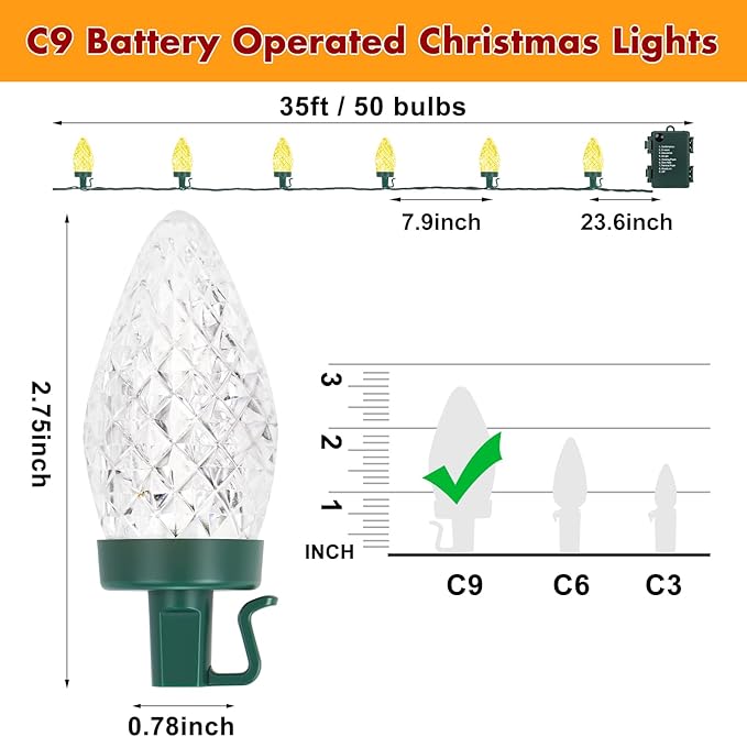 Brightever C9 Battery Christmas Lights, 35FT 50LED Christmas Tree Lights Indoor with Timer & 8 Lighting Modes, Waterproof Battery String Light for Party Wedding X-mas Decoration, Warm White, 1-Pack