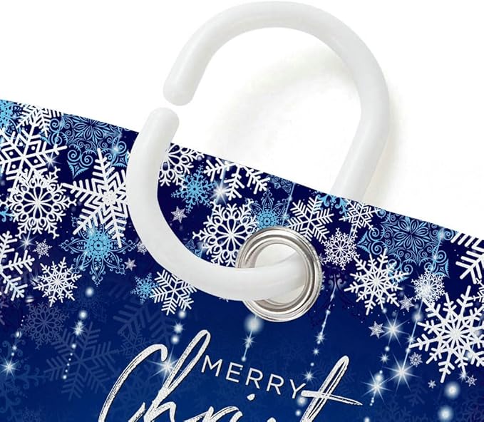 Blue Christmas Shower Curtain, Cute Christmas Gnome Shower Curtain Set, Winter Snowflakes Snow Xmas Shower Curtain Holiday Bathroom Decor, Durable Fabric Machine Washable with Hooks, 72 x 72 Inches