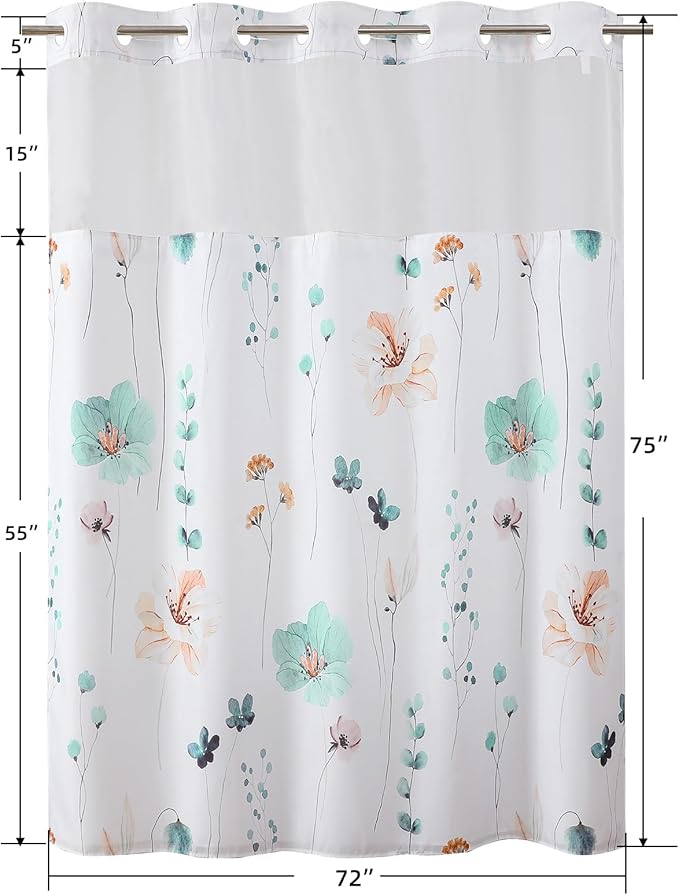 QiyI Flower Shower Curtain with Snap in Liner, Teal Watercolor Floral Cloth for Bathroom, No Hook Shower Curtains with Mesh Top Window, Fabric Waterproof Bathroom Set, 72 x 75 Inch