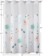 QiyI Flower Shower Curtain with Snap in Liner, Teal Watercolor Floral Cloth for Bathroom, No Hook Shower Curtains with Mesh Top Window, Fabric Waterproof Bathroom Set, 72 x 75 Inch