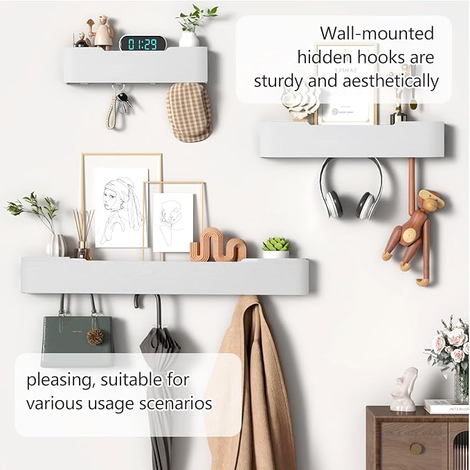 Coat Rack Wall Mount with Hidden Hooks Entryway Hanging Shelf Modern Wood Coat Hanger for Bedroom Kitchen Hallway Bathroom (White,16.6 Inch Long)