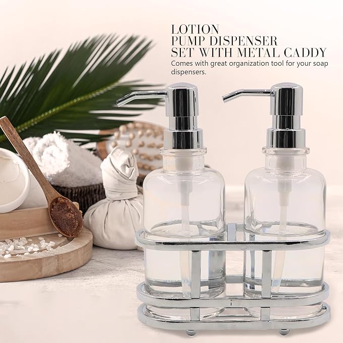 3 Piece Round Heavy Weight Glass Soap Lotion Pump Dispenser Set with Metal Caddy for Home Bath Kitchen Travel Office Hand Crafted Metal Tray Chrome