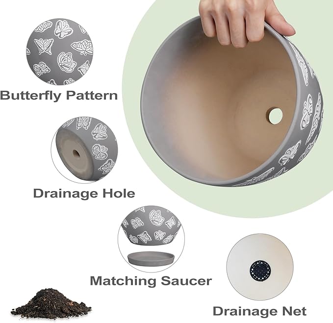 Pots for Plants 10 Inch - Ceramic Planter Indoor Plant Pots for Plants Large Flower Pot with Drainage Hole and Saucer for Outdoor Plants Home Garden Gray