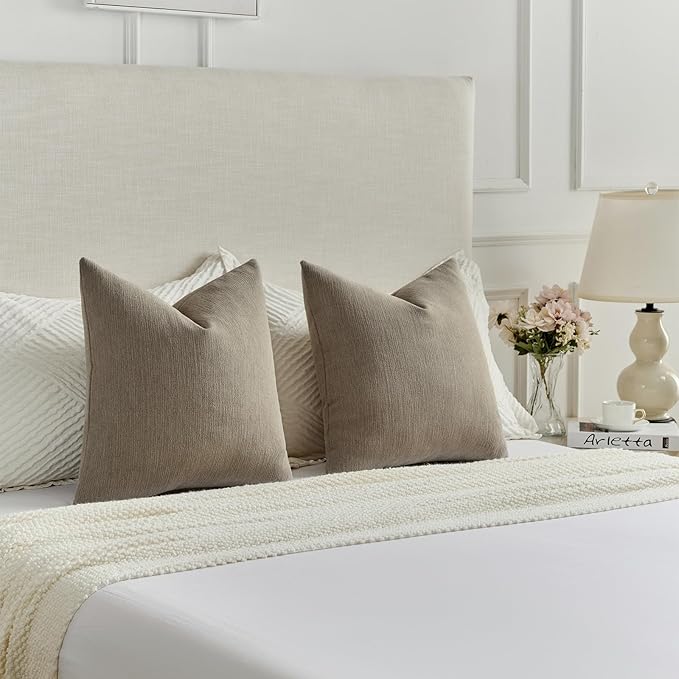 FUTEI Coffee Chenille Decorative Throw Pillow Covers 26x26 Inch Set of 2,Soft Cozy Faux Linen Textured Euro Pillow Shams,Farmhouse Home Decor for Couch Living Room