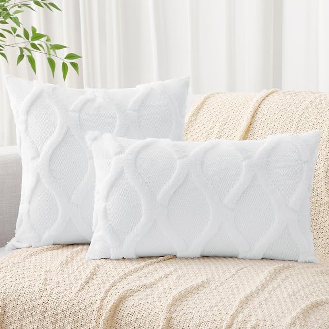 decorUhome Throw Pillow Covers 12x20 Inch Set of 2, Soft Plush Faux Fur Wool Lumbar Pure White Couch Pillow Covers, Decorative Neutral Pillow Cases for Bed Sofa Living Room Home Decor