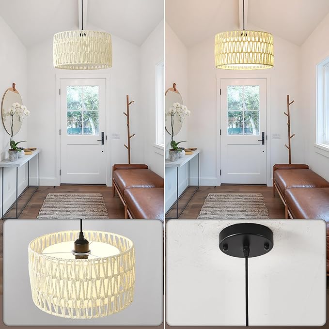 Boho Rattan Chandelier Light Fixture, 1-Lights Farmhouse Pendant Light Hand Woven Chandeliers for Dining Room with Fabric Shade Rustic Chandeliers Hanging Light Fixtures for Kitchen Island