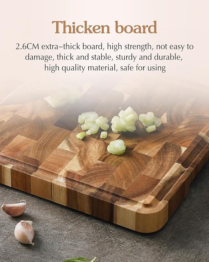 XINZUO Acacia Wood End Grain Cutting Board (13.8''L x 9.8''W x 1''T)-Wooden Chopping Board with Non-Slip Feet, Side Handles and Juice Groove