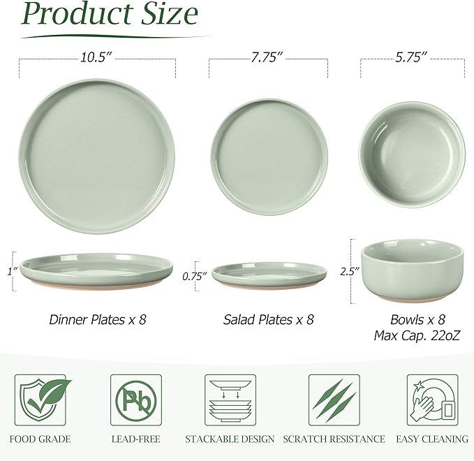 LIANYU Plates and Bowls Sets for 8, 24 Piece China Dinnerware Stoneware Set, Porcelain Dishware for Microwave, Dishwasher, Oven, High temperature Resistant, Fog Green