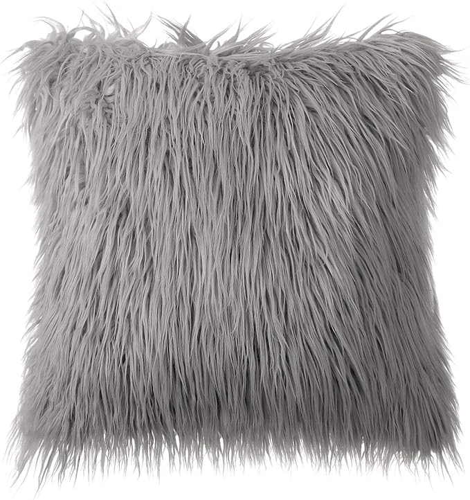 Phantoscope Faux Fur Pillow Cover Decorative Fluffy Throw Pillow Mongolian Soft Fuzzy Pillow Case Cushion Cover for Bedroom and Couch, Gray 18 x 18 Inches