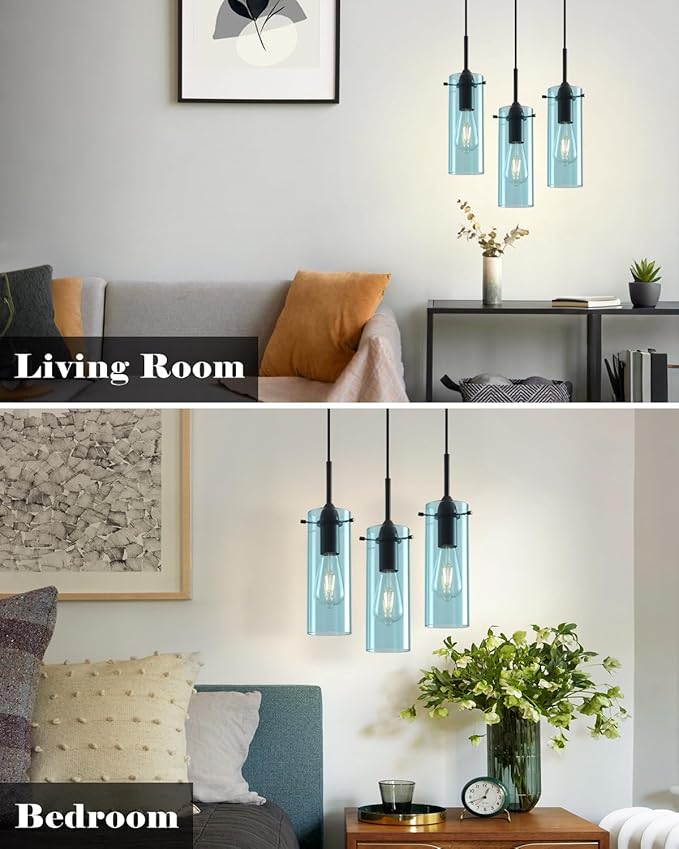 Blue Glass Pendant Light, Kitchen Pendant Lights 1 Pack, Modern Clear Hanging Pendant Light, Island Pendant Lights for Kitchen Island, Bedroom, Living Room, Bathroom