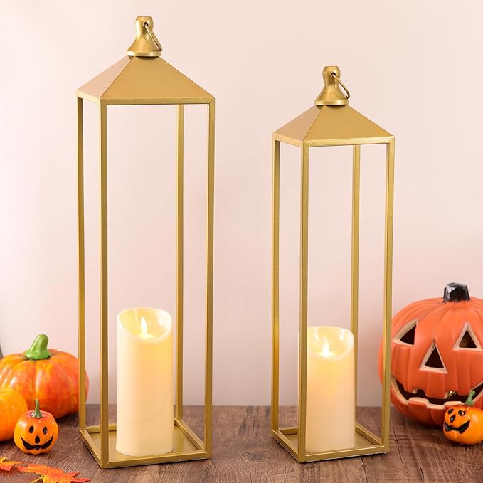 22'' 19'' Large Lanterns Decorative Outdoor Indoor, Set of 2 Gold Metal Candle Lantern Modern Farmhouse Floor Lanterns Decorative for Mantle, Patio, Porch, Garden, Home Decor