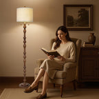 65.5" Natural Real Wood Floor Lamp with S Cluster Pull Chains Dual Switch,Wood Base Standing Lamp,Rustic Tall Lamp with Linen Shade,Farmhouse Floor Lamp for Living Room,Bedroom,Office(Bulb Included)
