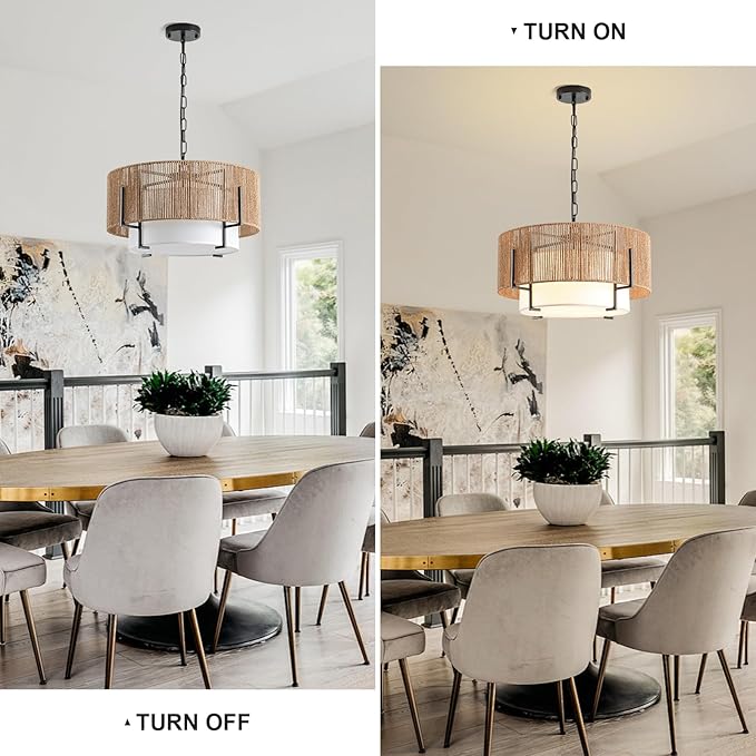 4-Light Rattan Chandelier, 19.7" Boho Pendant Light with Fabric Shade, Farmhouse Rattan Hanging Ceiling Light Fixture for Dining Room, Living Room, Kitchen Island, Bedroom, Hallway, Foyer