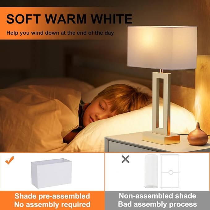 Nightstand Table Lamps for Bedrooms Set of 2 - Touch Bedside Lamp with USB C+A, 3 Way Dimmable Living Room Lamps for End Tables Set of 2(White&Gold)