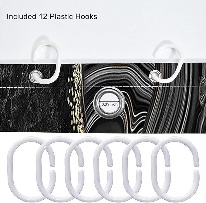 Black Marble Shower Curtain Set with Bath Mat, Toilet Lid Cover, U Shaped Rugs, Modern Abstract Gold Bathroom Decor Accessories, 70.8 x 70.8 inches Fabric, Waterproof, 12 Hooks.