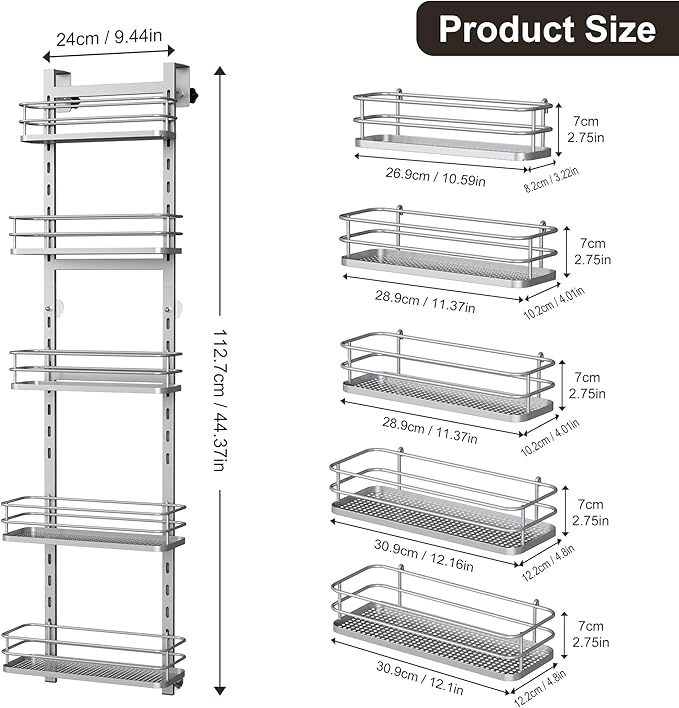 Orimade Over the Door Shower Caddy Adjustable 5 Tier Silver,Bathroom Hanging Organizer Shelf Rustproof with 4 Hooks,Shower Basket with Soap Holder and Suction Cup Bathroom