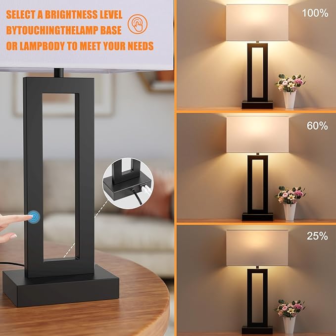 22" Tall Modern Living Room Lamps - Touch Bedside Lamps with USB C+A, 3 Way Dimmable for Bedroom End Tables Set of 2 (White & Black)