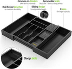 Bamboo Kitchen Drawer Organizer, Expandable Utensil Organizer with Removable Knife Block, Cutlery Tray Holder with Divider, Adjustable Silverware Organizer, Black