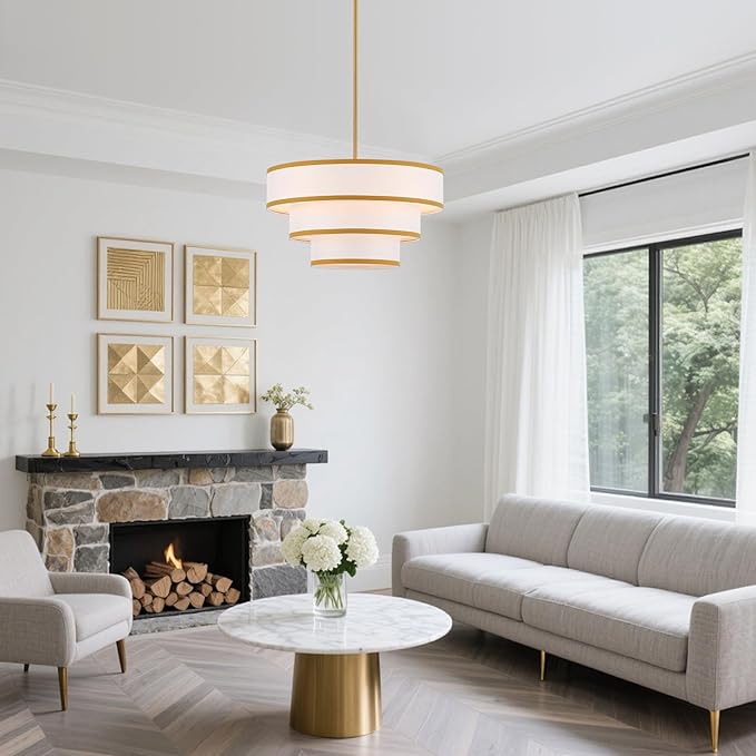 19.7" Gold Drum Chandelier with White Fabric Lampshade 3-Tier Modern Farmhouse Chandelier Light Fixture for Dining Room, Kitchen Island, Foyer, Entryway Bedroom