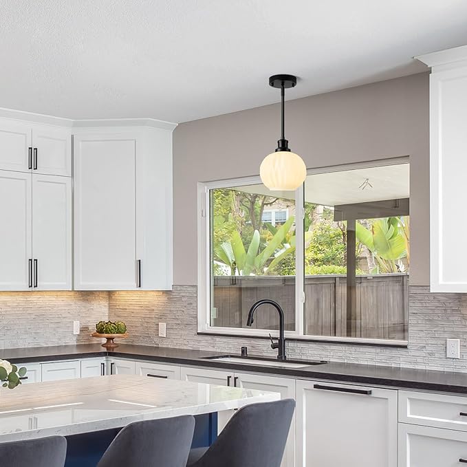Black Pendant Lights Kitchen Island 2 Pack, 7.3" Milk Glass Modern Pendant Light Fixtures with Rods, Globe Hanging Lighting for Kitchen Sink Bathroom Dining Room, E26 Base