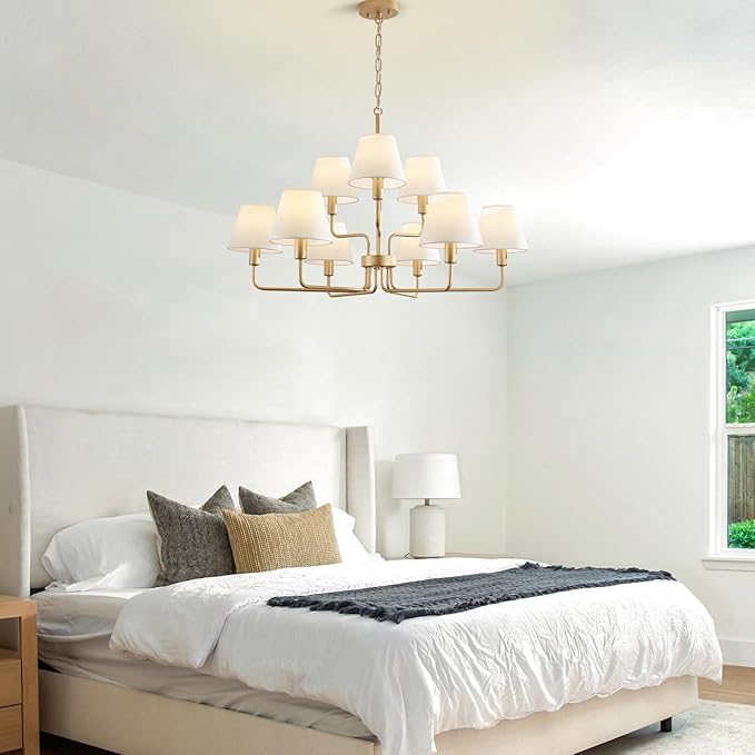 Gold Chandeliers for Dining Room with White Fabric Shades,33”Light Fixture Chandelier,9-Lights foyer chandeliers for high ceilings,2 Tiered Lantern Farmhouse Pendant Light for Living Room,Entryway