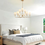 Gold Chandeliers for Dining Room with White Fabric Shades,33”Light Fixture Chandelier,9-Lights foyer chandeliers for high ceilings,2 Tiered Lantern Farmhouse Pendant Light for Living Room,Entryway