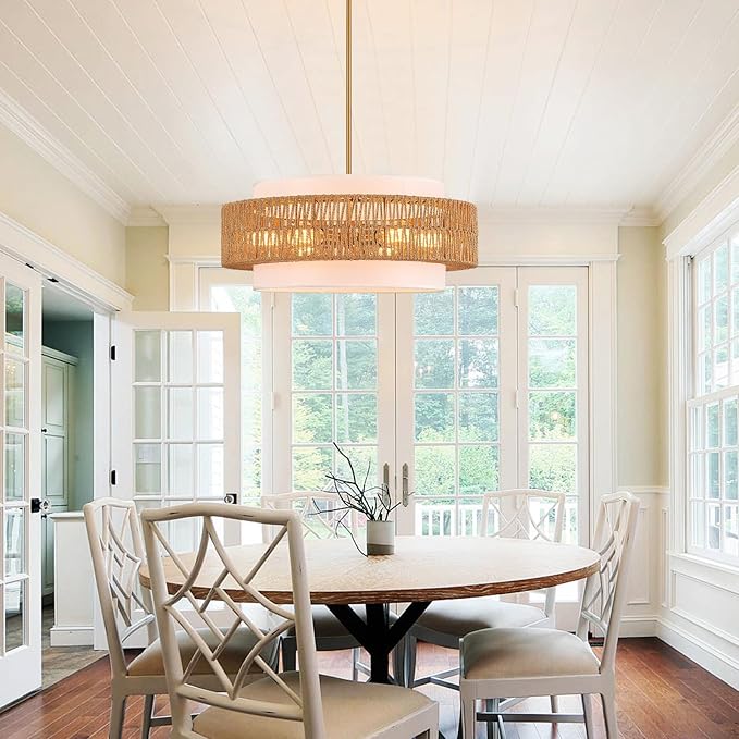 23.6" Rattan Chandelier with Linen Farmhouse Vintage Boho Hand Woven Bamboo Chandeliers Light Fixture Modern Drum Wicker Rattan Gold Chandelier for Dining Room, Kitchen, Living Room,Foyer