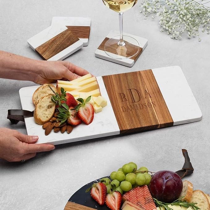 Personalized Acacia Charcuterie Board | Custom 15" x 7" White Marble & Acacia Wood Cheese Board | Perfect Housewarming + Wedding + Couples Gift Idea