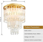 Capiz Shell Crystal Chandeliers, Close to Ceiling Coastal Style Light Fixture for Living Room, Bedroom, Dining Room, D13in x 14in, Clear Crystal & Gold Finish Frame