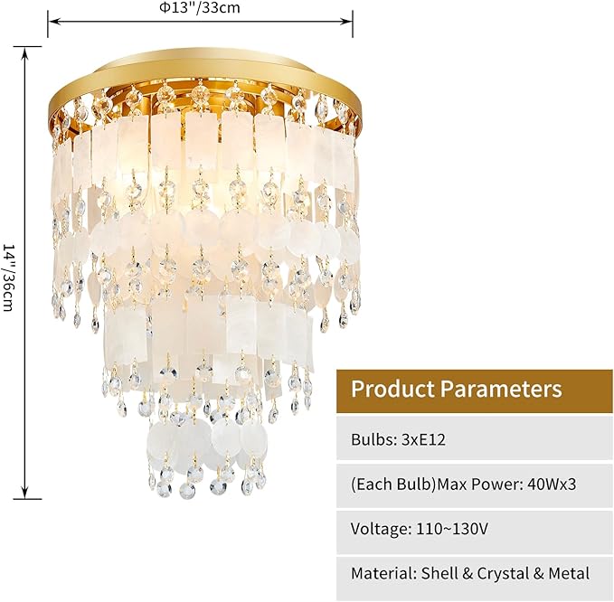 Capiz Shell Crystal Chandeliers, Close to Ceiling Coastal Style Light Fixture for Living Room, Bedroom, Dining Room, D13in x 14in, Clear Crystal & Gold Finish Frame