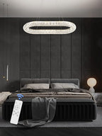 Oval Crystal Chandelier, 31.5'' Chrome Crystal Ring Pendant Light for Kitchen Island Modern Linear Oval Chandeliers for Dining Room Dimmable 3000K-6000K