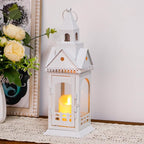 TRIROCKS Rustic Style Metal Candle Lantern 13'' High Decorative Outdoor Lantern Candle Holder with Tempered Glass House Shape for Home Living Room Garden Patio Parties Indoors Outdoors (White)