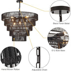 25.6" Large Black Rattan Chandelier Farmhouse 8-Lights Boho Hand Woven Bamboo Black Chandeliers Light Fixture Rustic Drum Wicker Chandelier for Dining Room, Kitchen, Living Room, Bedroom, E12