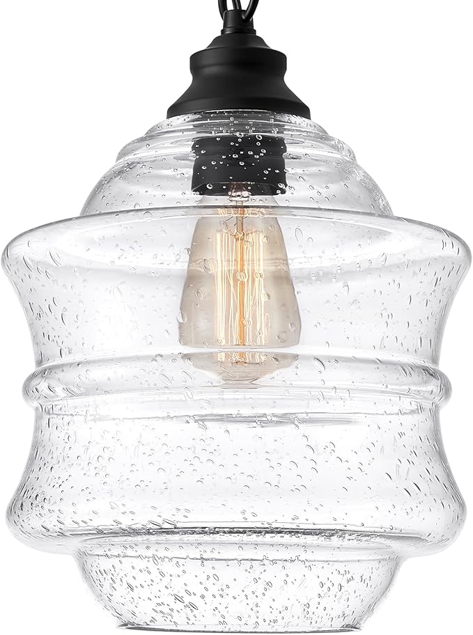 Seeded Glass Pendant Lights Black 10'' Farmhouse Ceiling Pendant Lighting Kitchen Island Large Industrial Oasis Clear Glass Island Hanging Light for Entryway Hallway Breakfast Dining Table