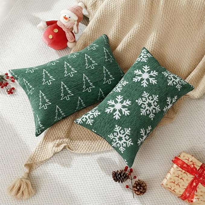 2 Pack Soft Chenille Christmas Reversible Throw Pillow Covers 12x20, Holiday Double-Sided Snowflake & Tree Cushion Cases for Sofa Couch Living Room(Green,20x12)