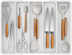 Kitsure Expandable Silverware Organizer – Large Utensil Drawer Kitchen Organization with 5 Compartments, Easy-Clean, Home & Apartment Essentials, White, 13.6" x 1.4"x 11.0"~19.9"