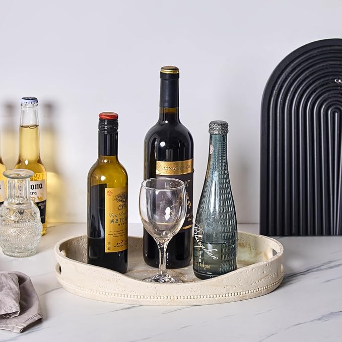 Natural Travertine Textures Serving Tray with Handles - 14x10 inches, Beaded Oval Decorative Tray, Countertop Ottoman Tray for Vanity, Living Room Entryway Table, Perfume Candle Display