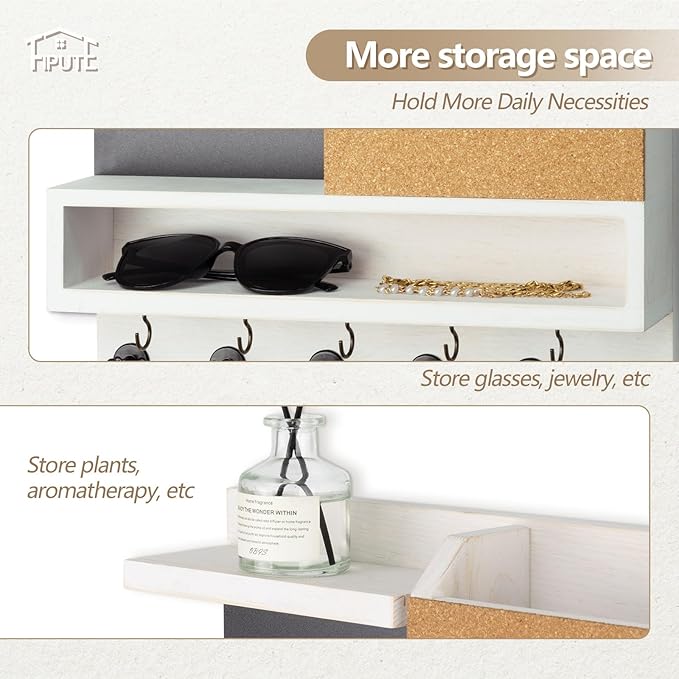Key Holder for Wall Mount with Mail Organizer, Farmhouse Key Holder for Wall with Shelf, Chalkboard&Corkboard, Entryway Organizer 11 Metal Hooks, Decorative Natural Pine Wood, 14.6*11.1*3.3”, B-White