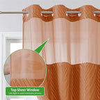 no Hook Shower Curtain and Liner Set，Boho Style with See Through Top Window, BurntOrange Fabric Tufted Striped Textured Outer Curtain & Waterproof Inner Liner, Orange, 71Wx77H