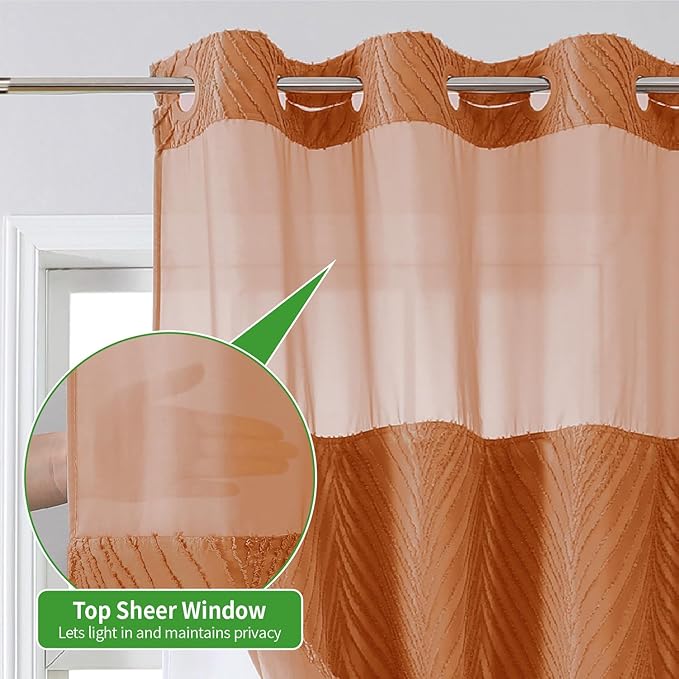 no Hook Shower Curtain and Liner Set，Boho Style with See Through Top Window, BurntOrange Fabric Tufted Striped Textured Outer Curtain & Waterproof Inner Liner, Orange, 71Wx86H