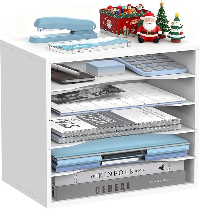 5-Tier Wood Desk Organizer, Paper Tray Organizer for Desk with Adjustable Storage Shelves, Desktop Paper Sorter Mail Holder for Office Home Classroom, White